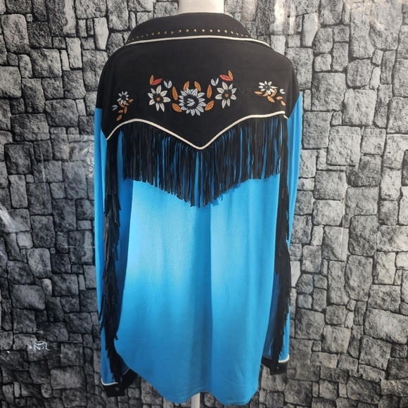 John Moon Texas cowgirl XXL Button down western top with fringe.  Teal/black - Picture 13 of 16